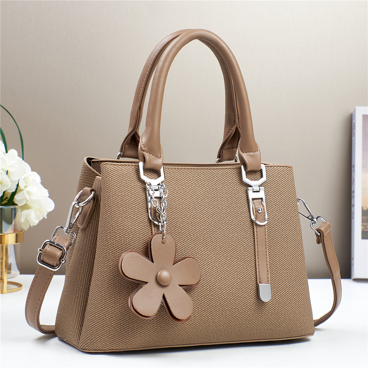 Womens Fashionable Textured Handbag with Flower Charm